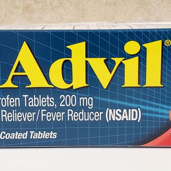 Close-Up of Advil Packaging in a bathroom setting